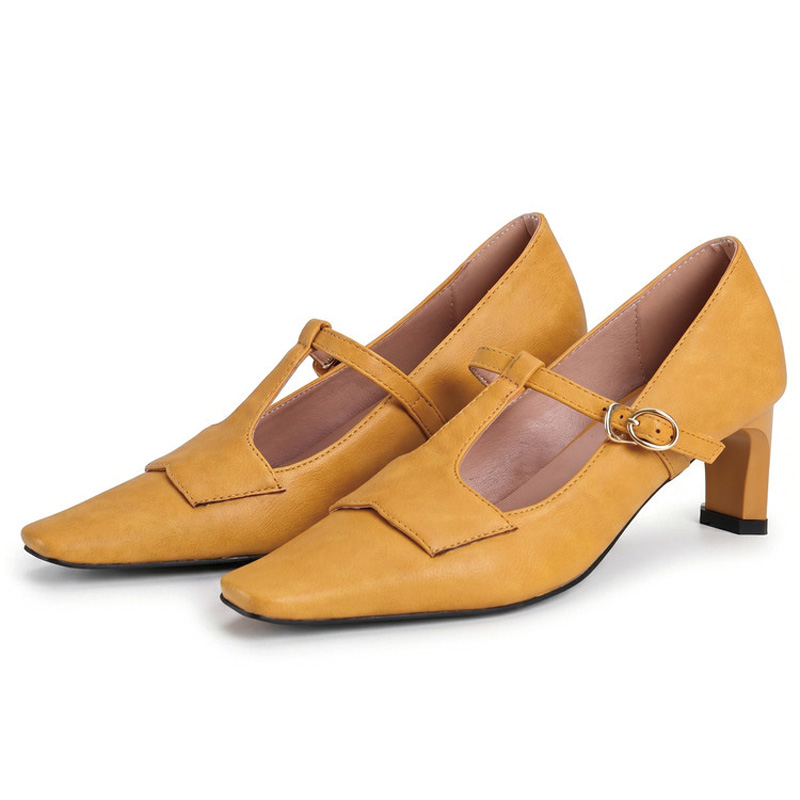 Shoeswoon Vintage T‑Strap Square Toe Block Heel Mary Jane Pumps