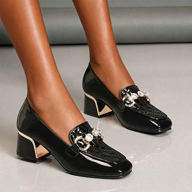 Shoeswoon Elegant Black Quilted Rhinestone Metal Accent Block Heel Slip‑on Loafers