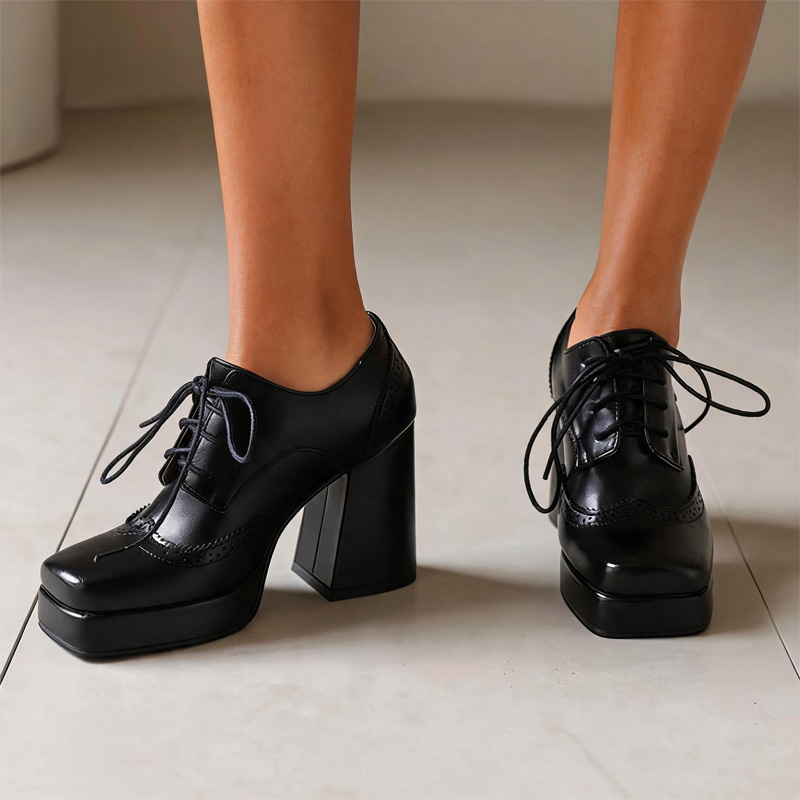 Shoeswoon Spliced Brogue Lace‑Up Platform Chunky Block Heel Oxford Shoes