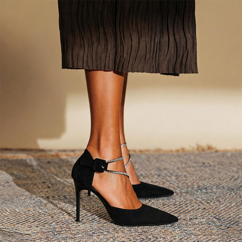Shoeswoon Suede Two‑Row Crystal Ankle Strap Cutout Stiletto High Heels