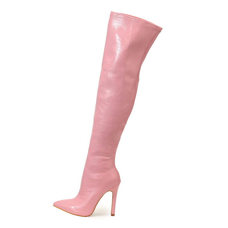 Shoeswoon Glossy Croc Embossed Side Zipper Stiletto Thigh High Boots