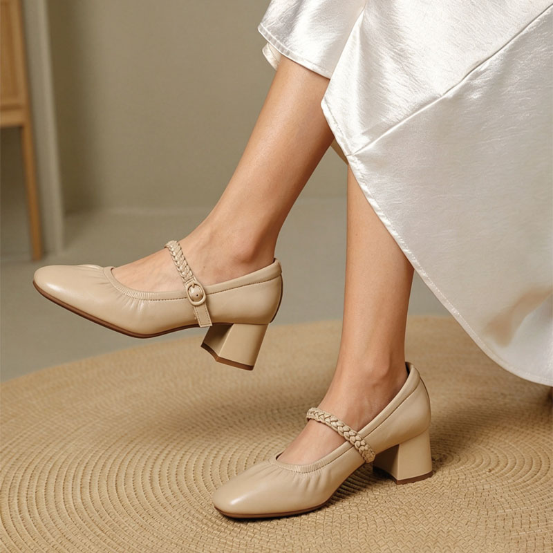 Shoeswoon Soft Pleated Upper Mary Janes Braided Buckle Strap Low Block Heel Shoes