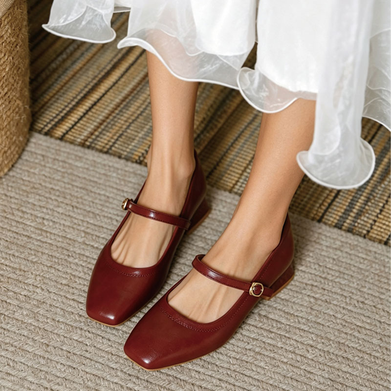 Shoeswoon Soft Leather Mary Janes Adjustable Buckle Instep‑Strap Low Heel Daily Shoes
