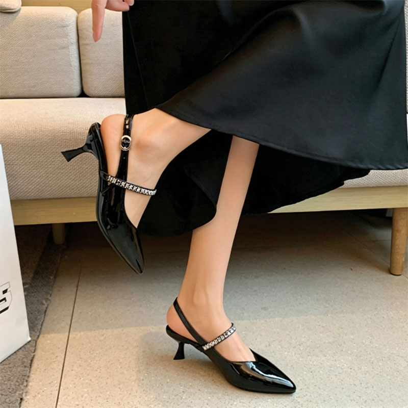 Shoeswoon Rhinestone Strap Pointed Toe Slingback Kitten Heels