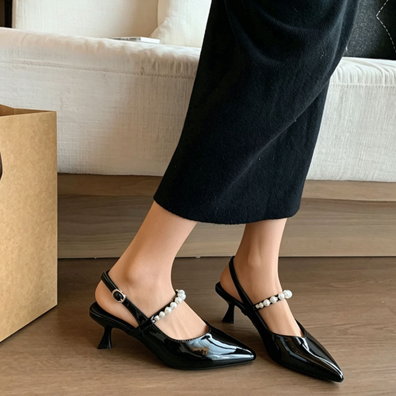 Shoeswoon Pearl Strap Pointed Toe Slingback Kitten Heels