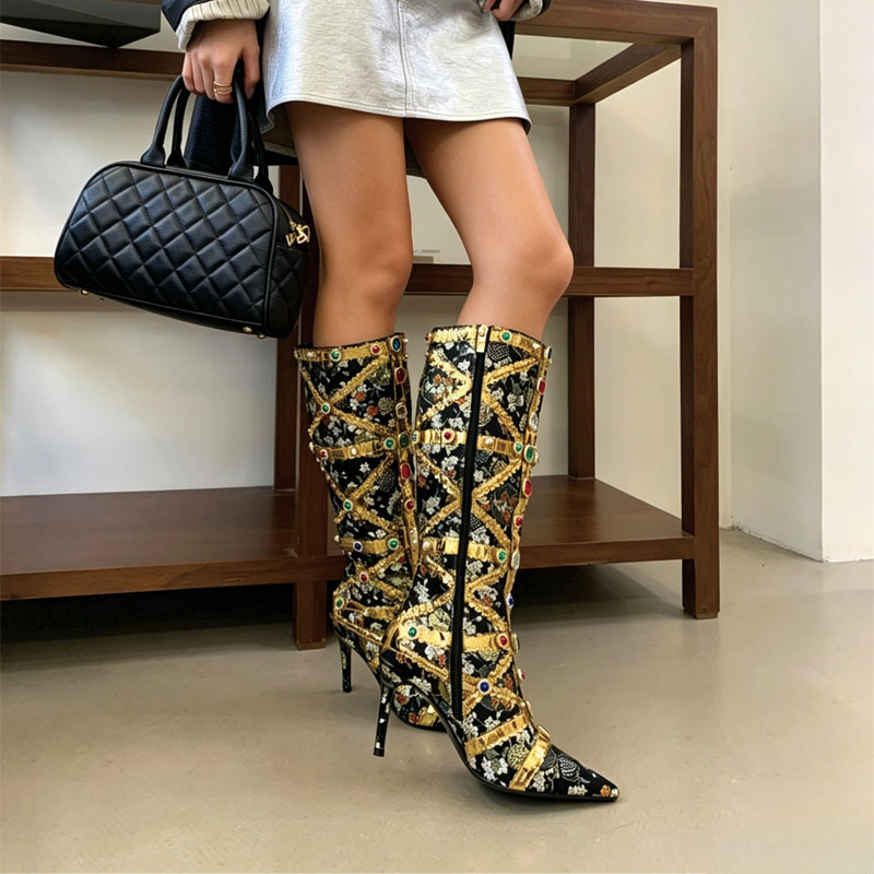 Shoeswoon Floral Jacquard Gem‑Embellished Pointed Toe Stiletto Knee‑High Boots