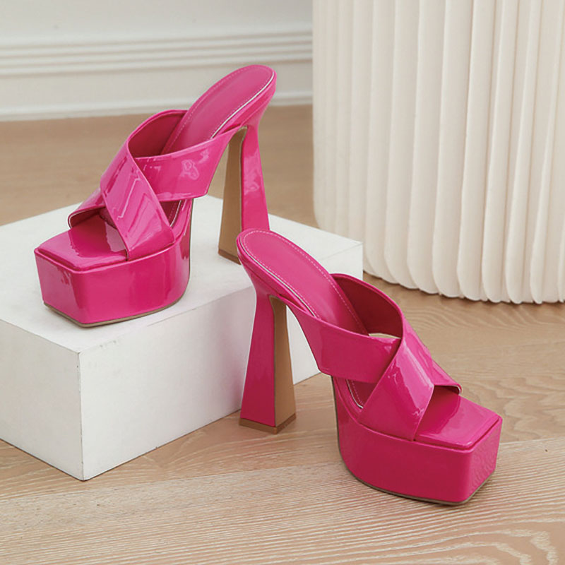 Shoeswoon Crisscross Strap Slip On Platform Flare Heel Mules