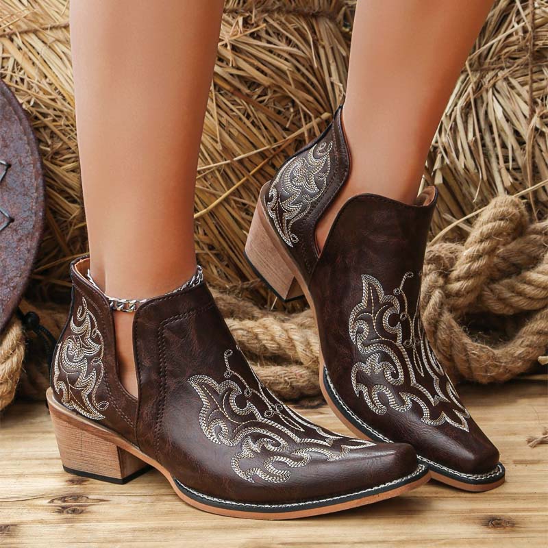 Shoeswoon Embroidery Western Ankle Booties Cut‑Out Stacked Block Heel