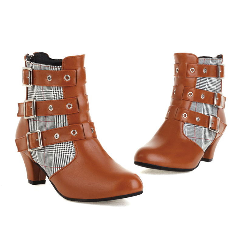 Shoeswoon Multi‑Buckle Plaid Panel Ankle Booties Block Heel Back Zipper