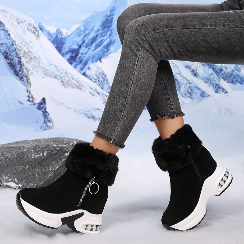Shoeswoon Faux Fur Trim Side Zip Wedge Chunky Sole Boots