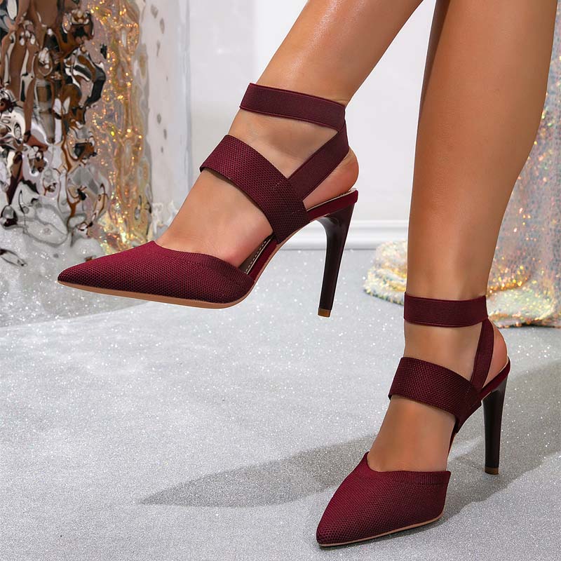Shoeswoon Stretch Knit Pointed Toe Dual Band Ankle Strap Stiletto Heels