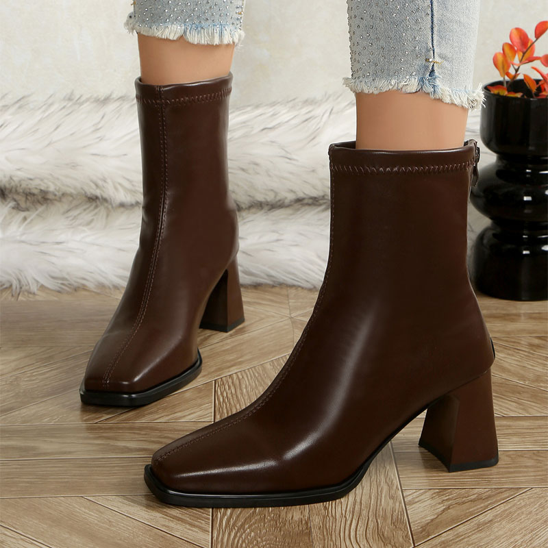 Shoeswoon Elegant Square Toe Flared Chunky Heel Rear Zipper Ankle Boots