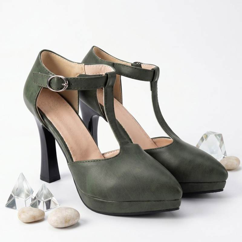 Shoeswoon T-Strap Pointed Toe Ankle Buckle Platform Sculptural Heels