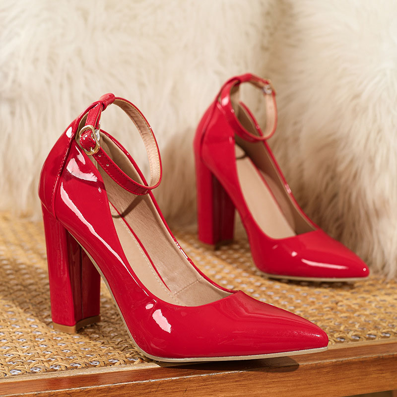 Shoeswoon Glossy Patent Pointed Toe Ankle Strap Chunky Block Heels