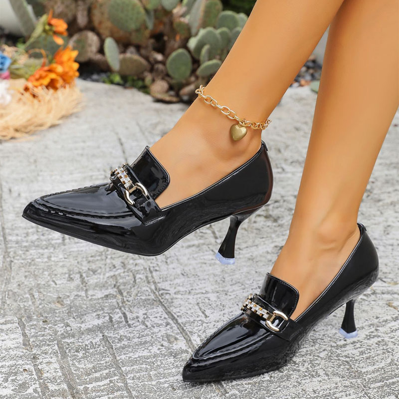 Shoeswoon Pointed Vamp Rhinestone Metal Buckle Patent Sculpted High Heels