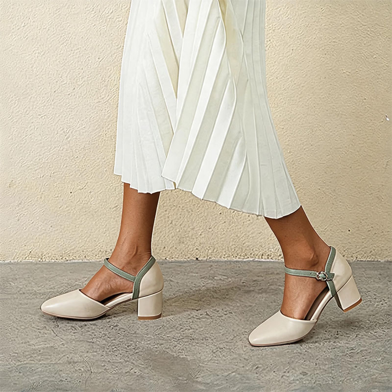 Shoeswoon Retro Color‑Block Ankle‑Buckle Mid Block‑Heel Mary Janes