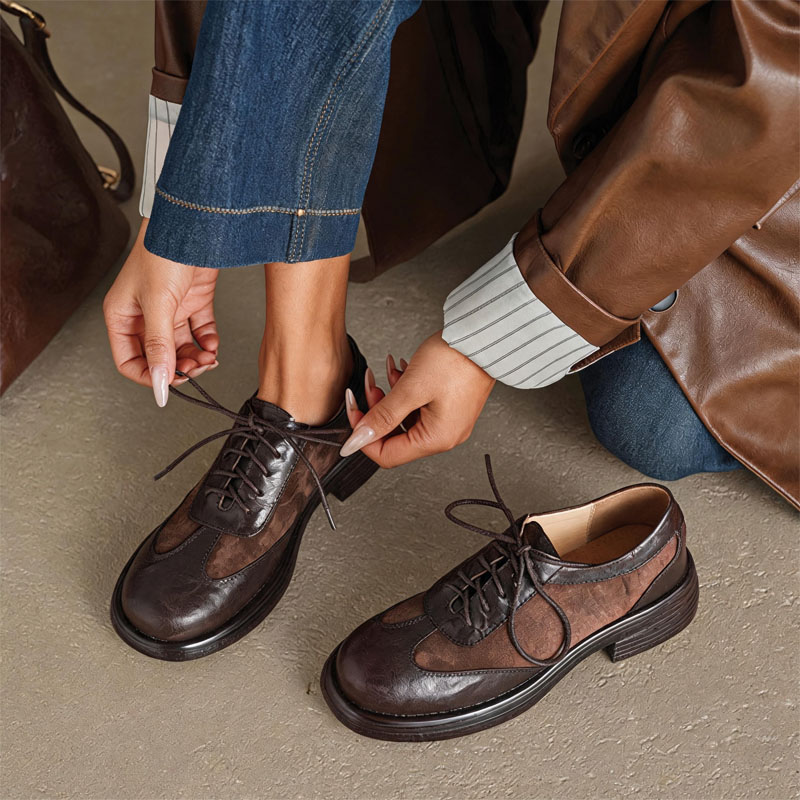 Shoeswoon Vintage Mixed‑Material Brogue Round Toe Lace‑Up Chunky Sole Women Retro Oxfords