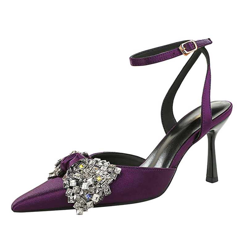 Shoeswoon Satin Rhinestone Bow Ankle Strap Slingback Pointed Toe Stiletto Heels