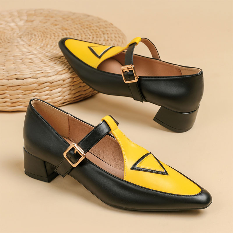 Shoeswoon Retro Contrast T‑Strap Buckle Mid Block Heel Mary Jane Shoes