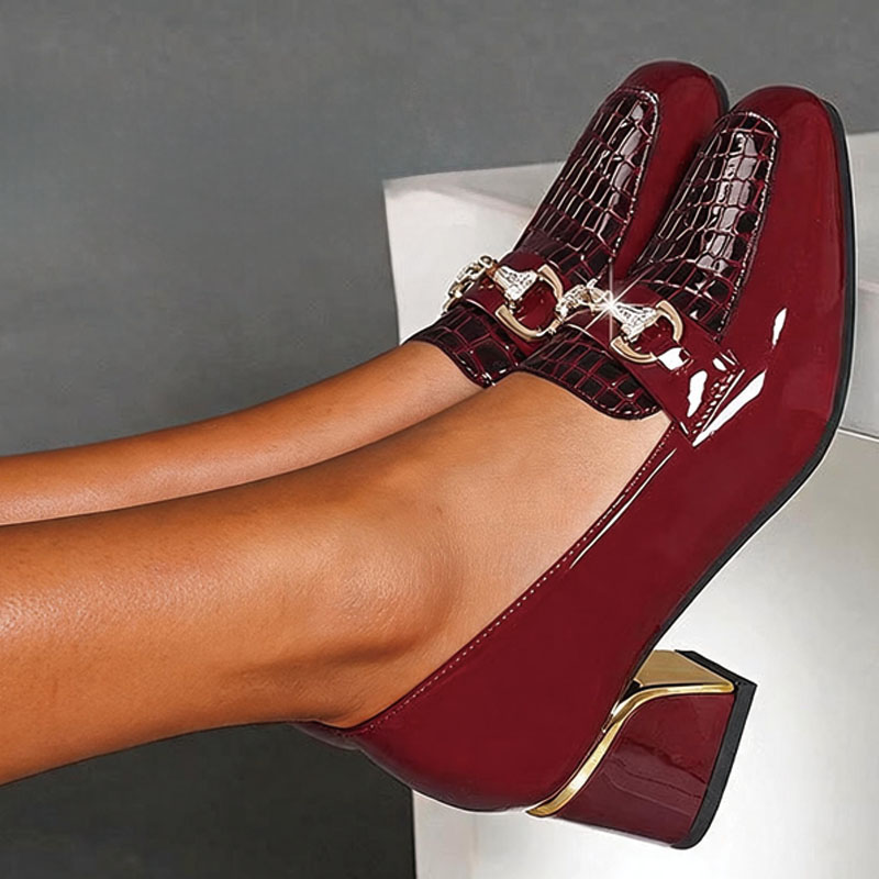 Shoeswoon Elegant Croc Embossed Rhinestone Metal Accent Block Heel Loafers