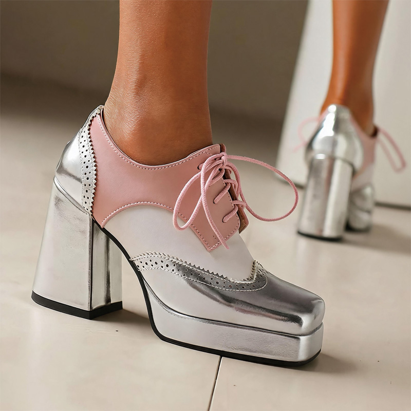Shoeswoon Spliced Brogue Lace‑Up Platform Chunky Block Heel Oxford Shoes