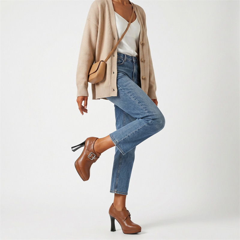 Shoeswoon Monk Strap Platform High Heel Booties Flare Heel