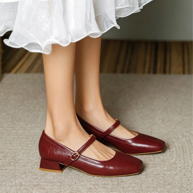 Shoeswoon Soft Leather Mary Janes Adjustable Buckle Instep‑Strap Low Heel Daily Shoes