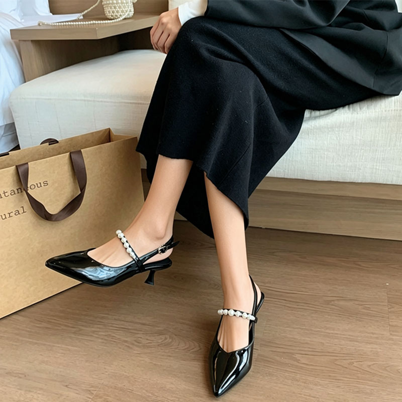 Shoeswoon Pearl Strap Pointed Toe Slingback Kitten Heels