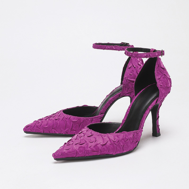 Shoeswoon Textured Lace Pointed Toe Ankle Strap Slingback Stiletto Pumps