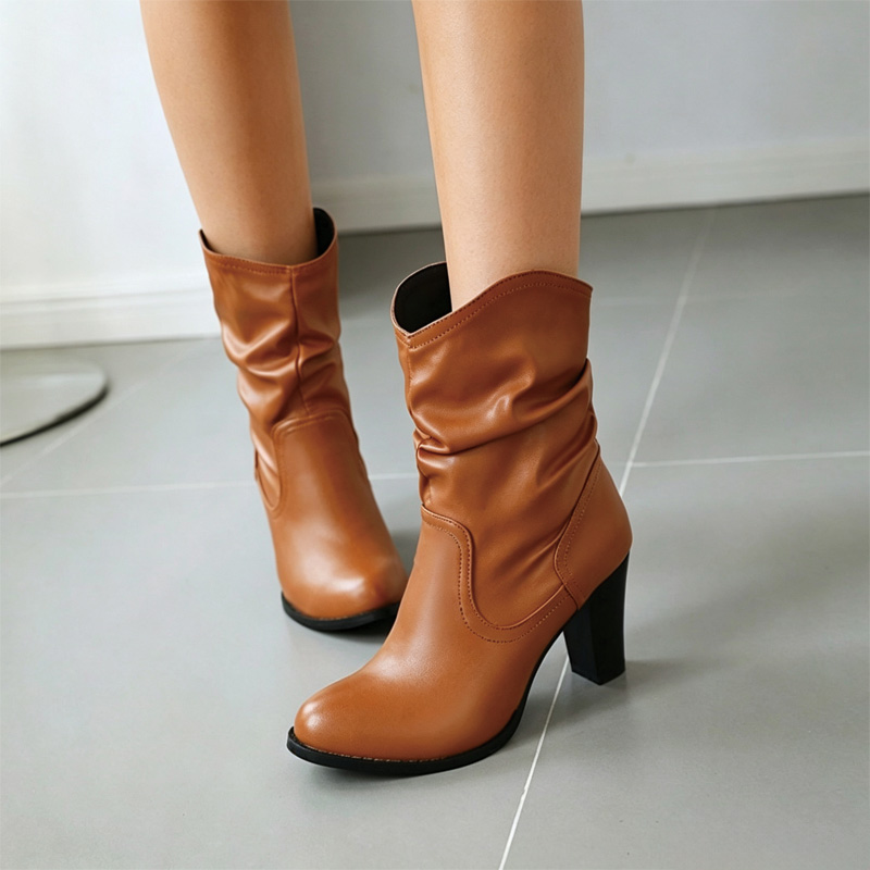 Shoeswoon Ruched Shaft Round‑Toe Wooden Block Heel Mid‑Calf Boots