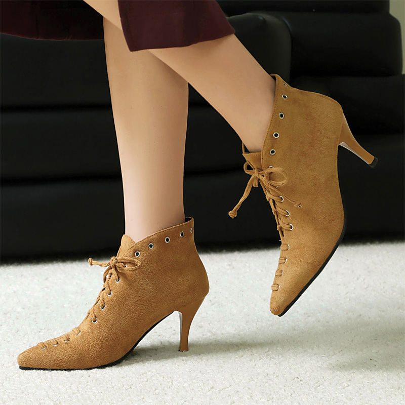 Shoeswoon Pointed Toe Lace‑Up Ankle Booties Eyelet Decor Stiletto Heel