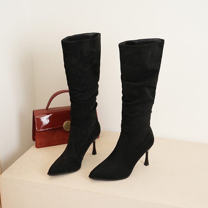 Shoeswoon Slouchy Design Pointed Toe Flared Stiletto Knee High Boots