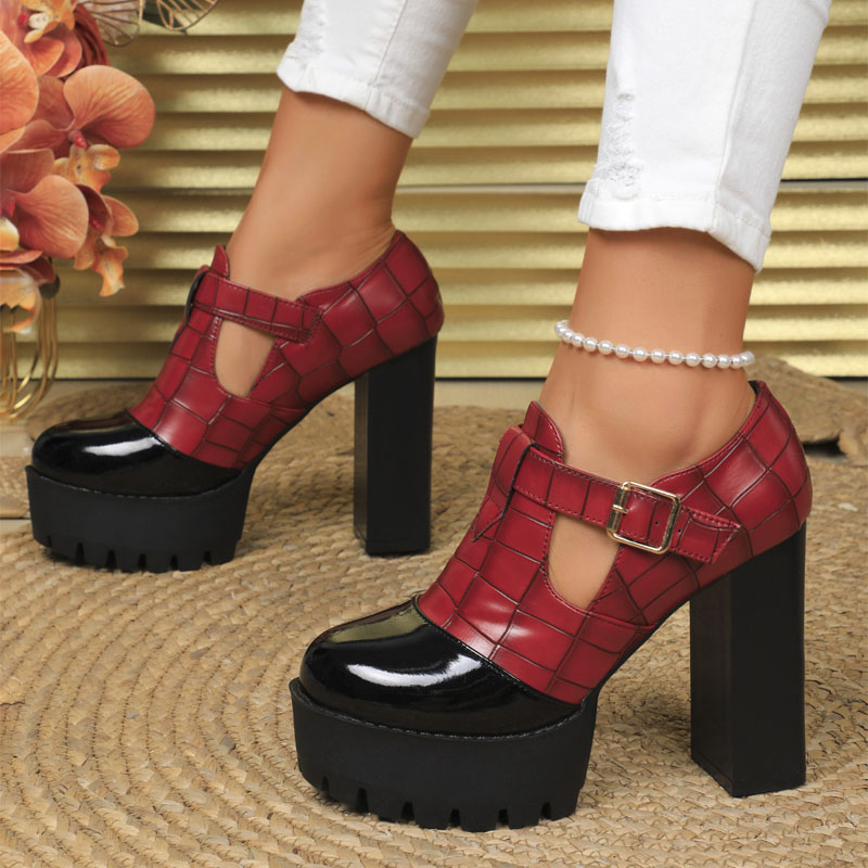 Shoeswoon Cap Toe Croc Print Side Cutout Chunky Platform Heels