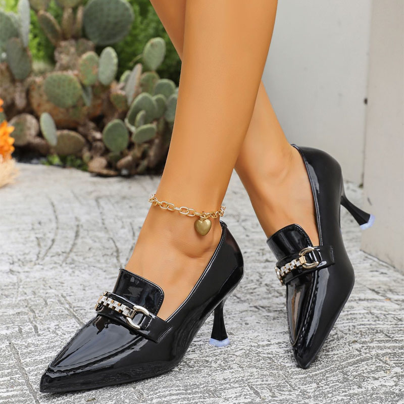 Shoeswoon Pointed Vamp Rhinestone Metal Buckle Patent Sculpted High Heels