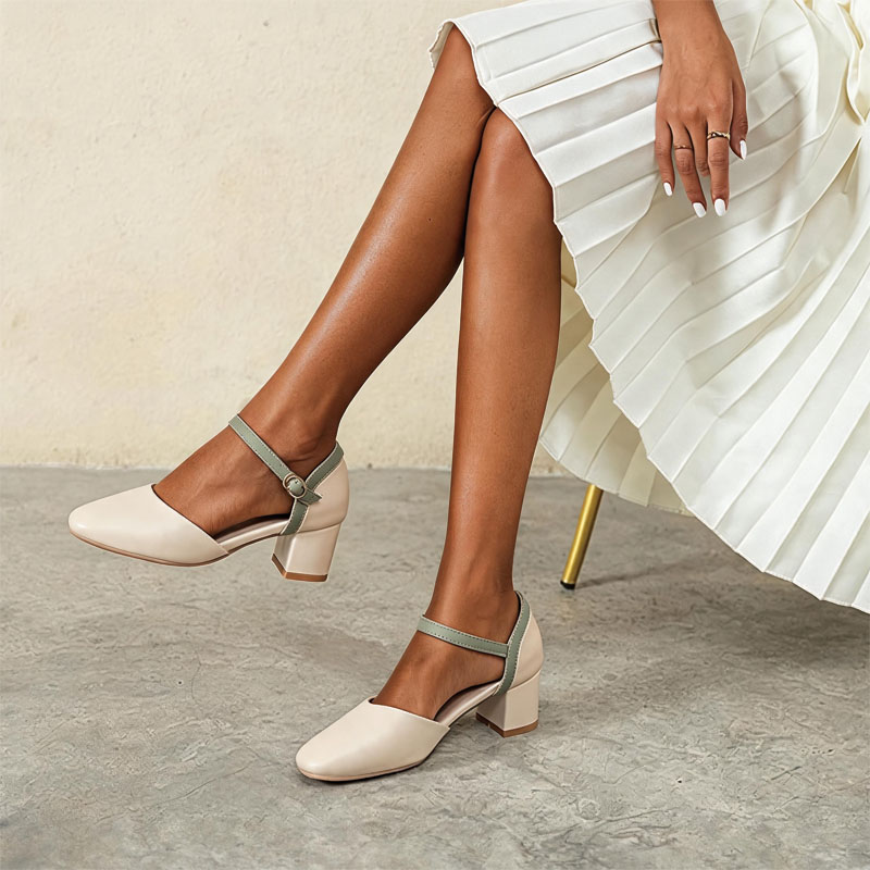 Shoeswoon Retro Color‑Block Ankle‑Buckle Mid Block‑Heel Mary Janes