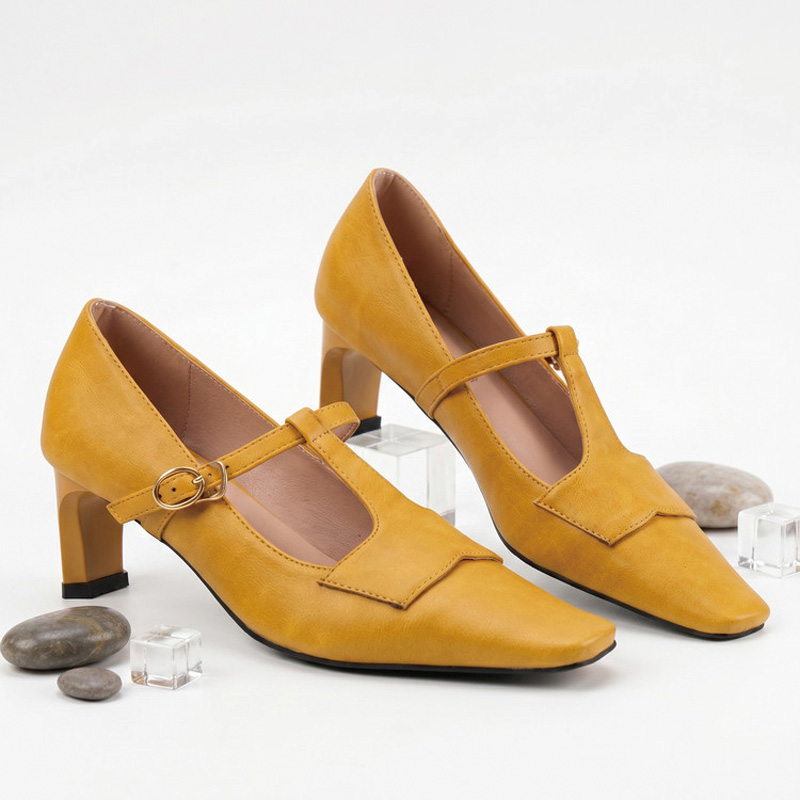 Shoeswoon Vintage T‑Strap Square Toe Block Heel Mary Jane Pumps