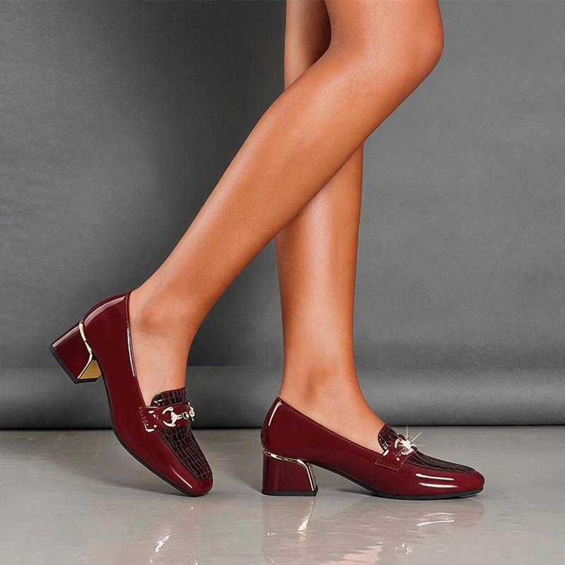 Shoeswoon Elegant Croc Embossed Rhinestone Metal Accent Block Heel Loafers
