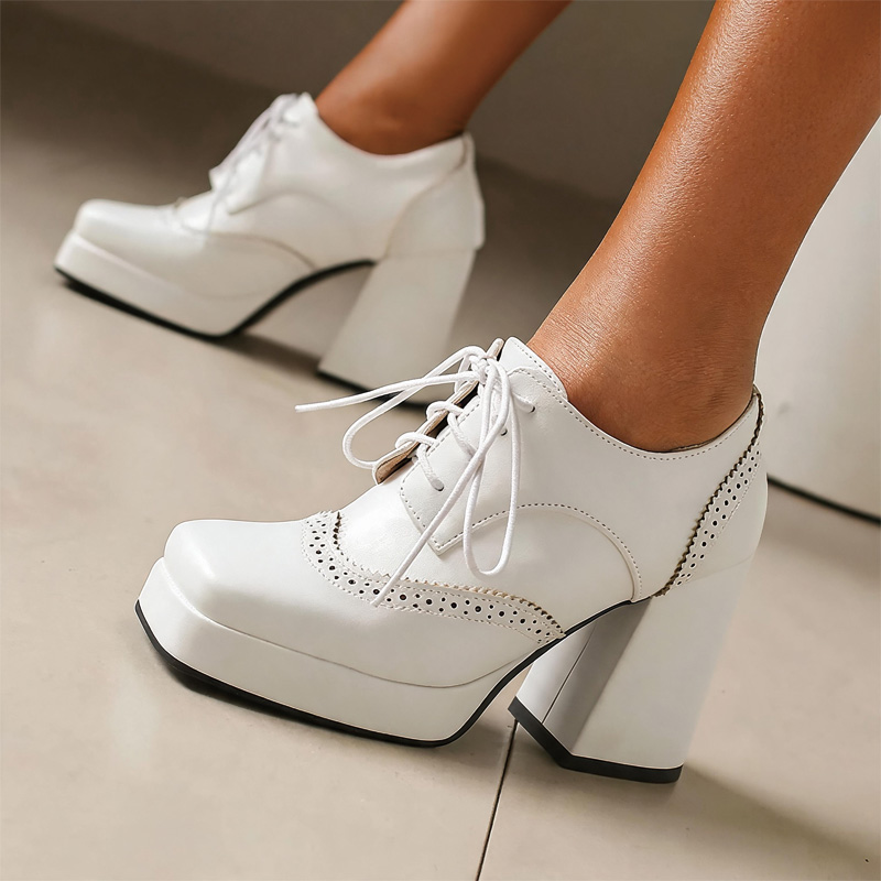 Shoeswoon Spliced Brogue Lace‑Up Platform Chunky Block Heel Oxford Shoes