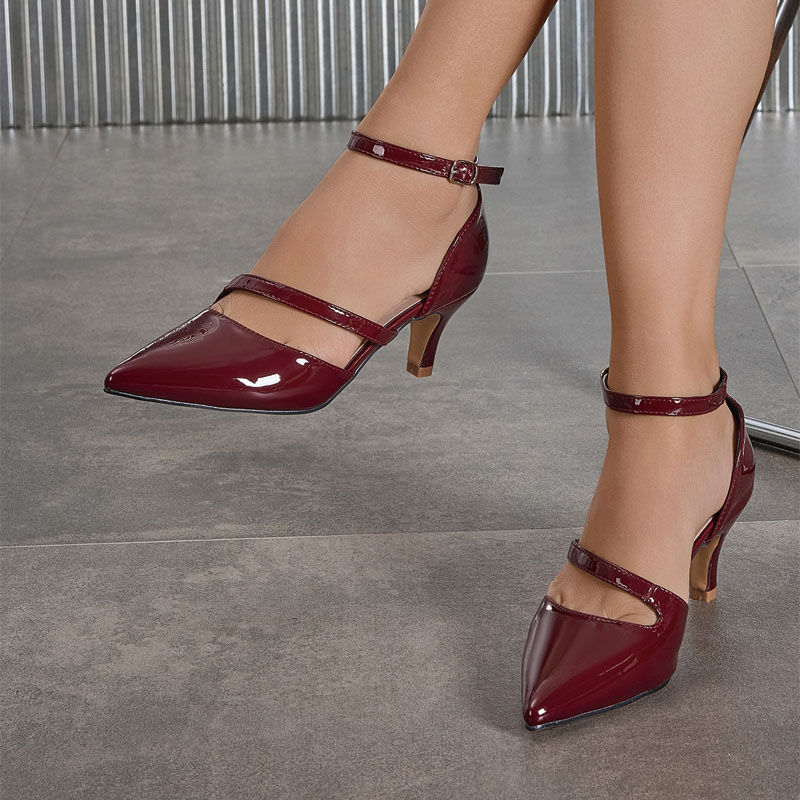Shoeswoon Double Strap Pointed Toe Kitten Heel Ankle Strap Pumps