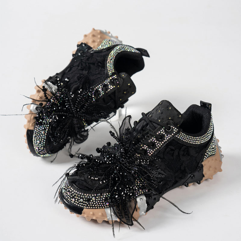 Shoeswoon Romantic 3D Floral Mesh Feather Pearl‑Crystal Decor Lace‑Up Fashion Sneakers
