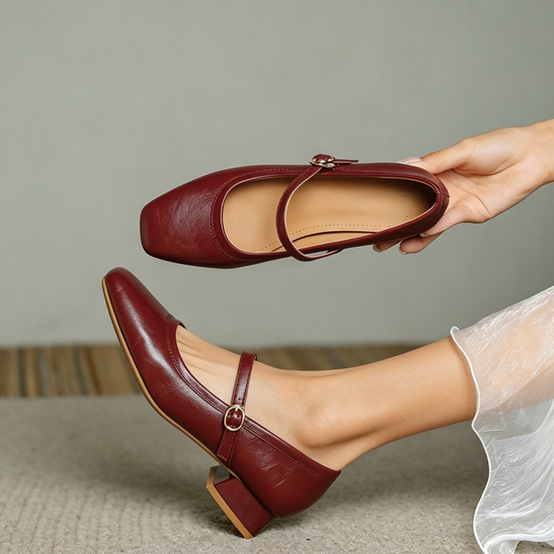 Shoeswoon Soft Leather Mary Janes Adjustable Buckle Instep‑Strap Low Heel Daily Shoes