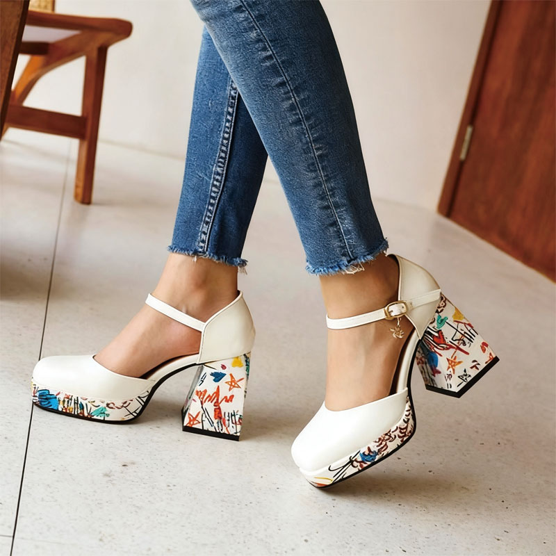 Shoeswoon Square Toe Ankle Strap Platform Heels Printed Chunky Block Heel