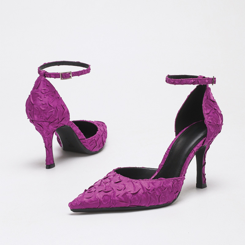 Shoeswoon Textured Lace Pointed Toe Ankle Strap Slingback Stiletto Pumps