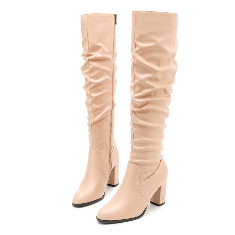 Shoeswoon Shiny Faux Leather Slouchy Side Zipper Block Heel Women's Tall Boots