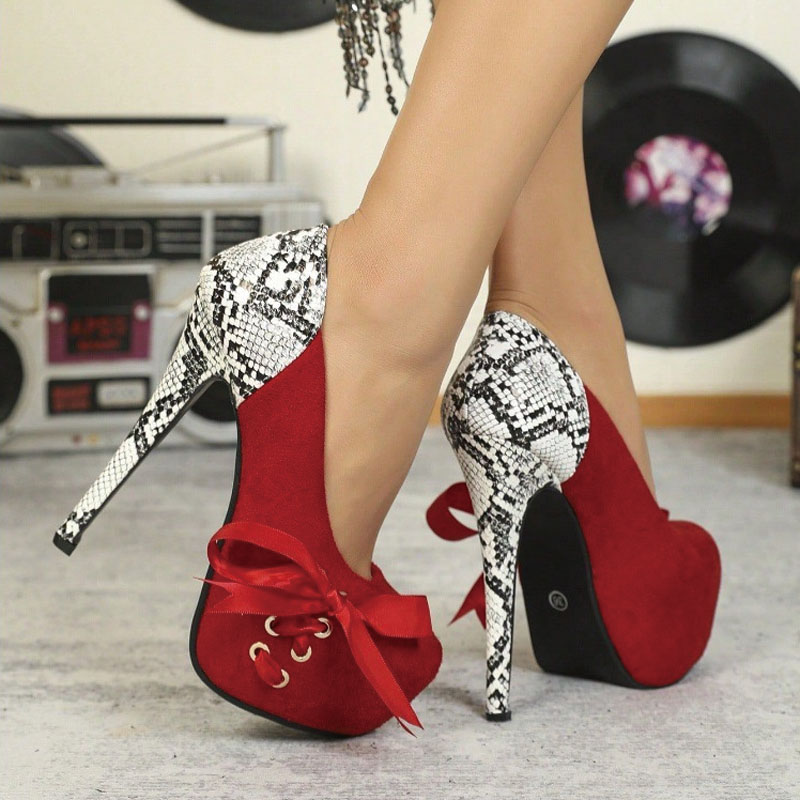 Shoeswoon Satin Bow Platform Stiletto Pumps Snake Print Splicing Round Toe Lace‑Up High Heels