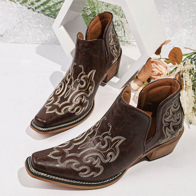 Shoeswoon Embroidery Western Ankle Booties Cut‑Out Stacked Block Heel