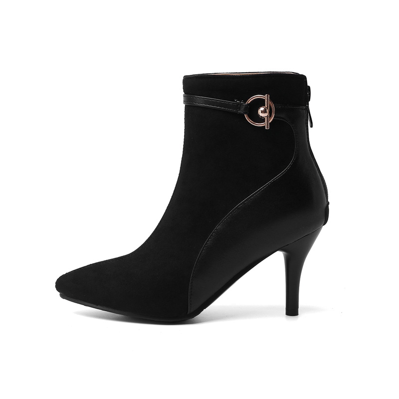 Shoeswoon Mixed‑Texture Pointed Toe Ankle Booties Metal Buckle Stiletto Heels