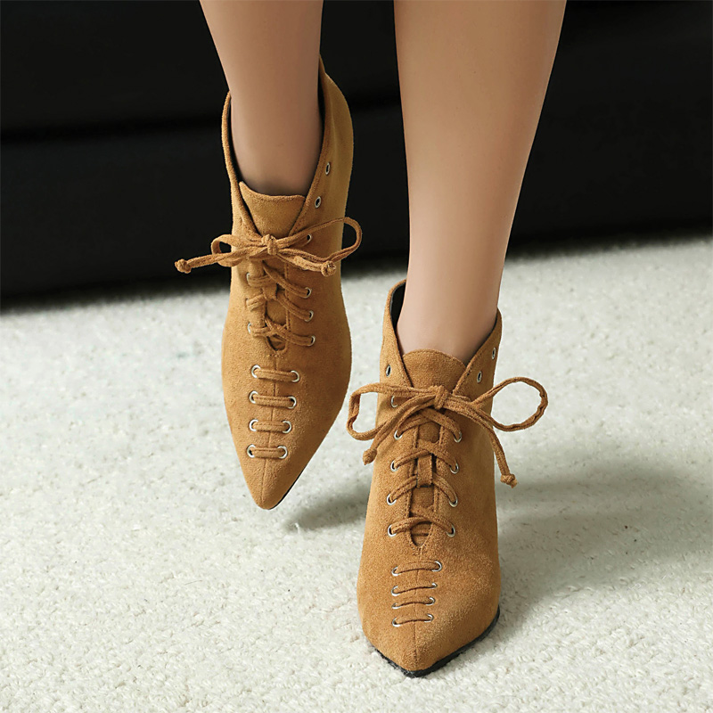 Shoeswoon Pointed Toe Lace‑Up Ankle Booties Eyelet Decor Stiletto Heel