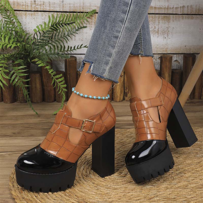 Shoeswoon Cap Toe Croc Print Side Cutout Chunky Platform Heels
