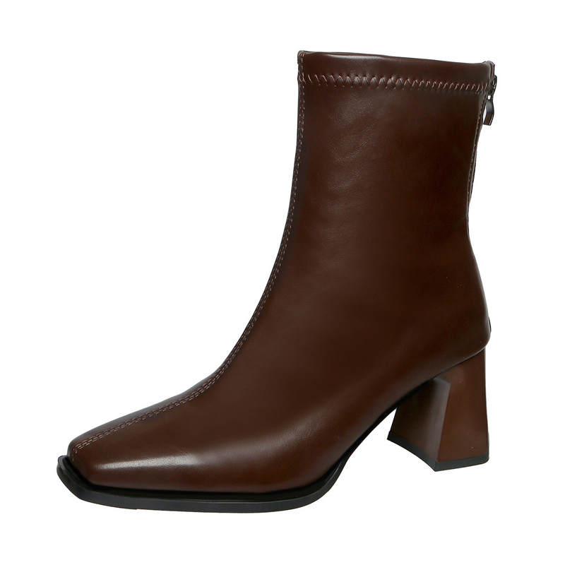 Shoeswoon Elegant Square Toe Flared Chunky Heel Rear Zipper Ankle Boots
